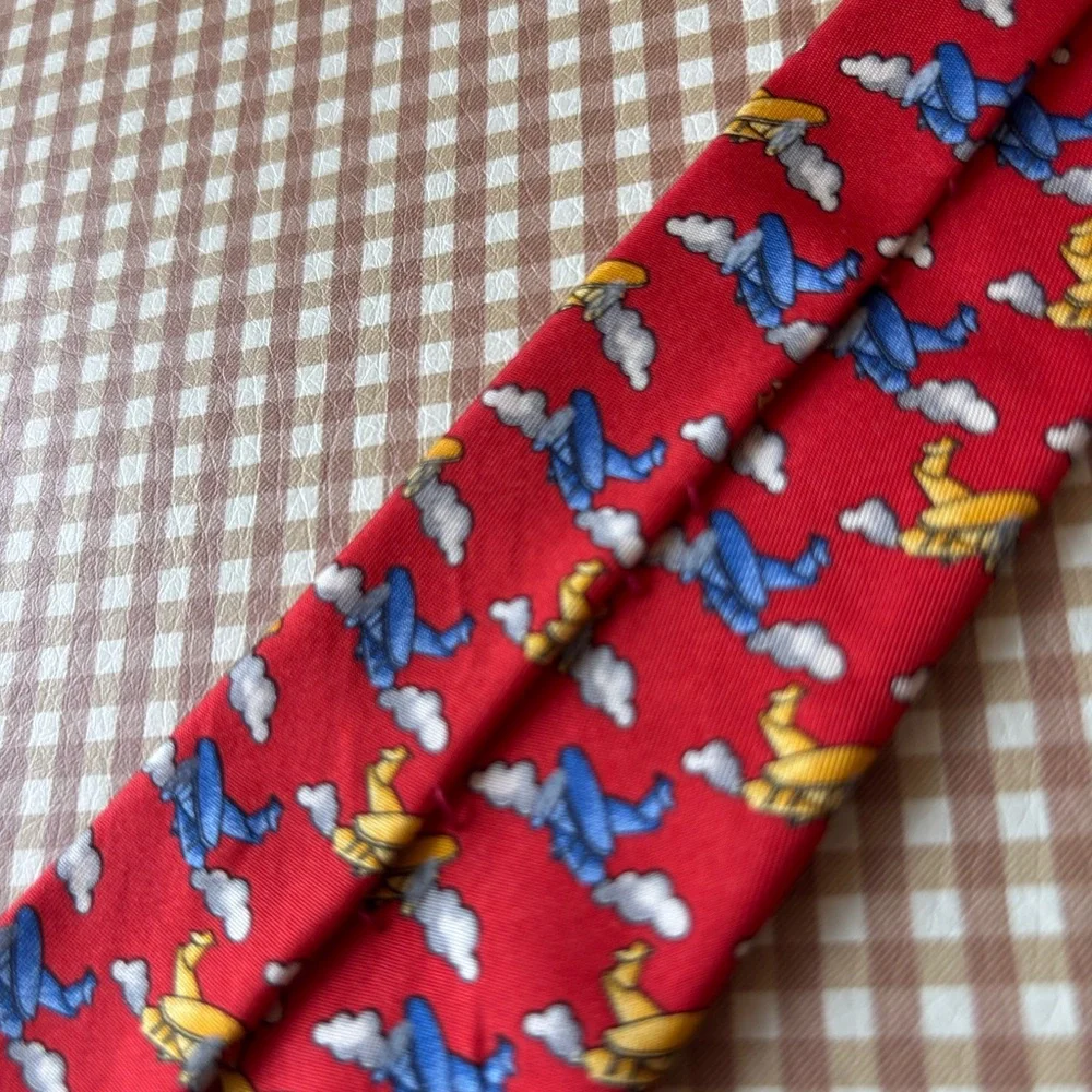 Robert Talbott Silk Print Tie - Airplanes red. Hand‎ sewn Made in USA. Classic